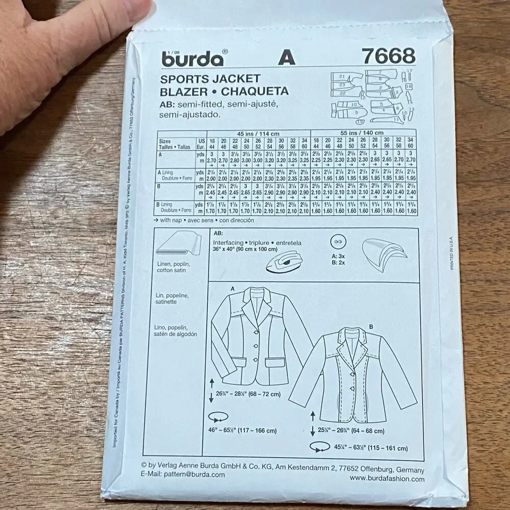 Burda sewing pattern #7668 blazer sports jacket UNCUT plus size US 18-34